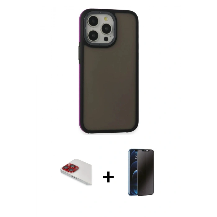 MARSİLYAN™- iPhone 13 Pro Max Kılıf Eksen Işık - Siyah 3D Antistatik Hayalet Cam Ekran Koruyucu + Pers Alüminyum Kamera Lens - KI