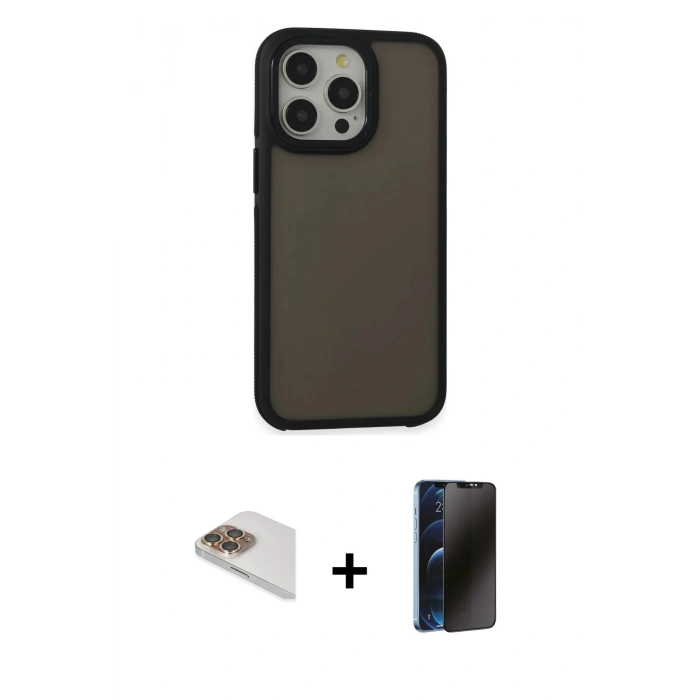 MARSİLYAN™- iPhone 13 Pro Max Kılıf Eksen Işık - Siyah 3D Antistatik Hayalet Cam Ekran Koruyucu + Pers Alüminyum Kamera Lens - GD