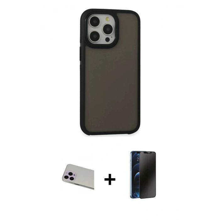 MARSİLYAN™- iPhone 13 Pro Max Kılıf Eksen Işık - Siyah 3D Antistatik Hayalet Cam Ekran Koruyucu + Rainbow Kamera Lens Koruma Cam - MR
