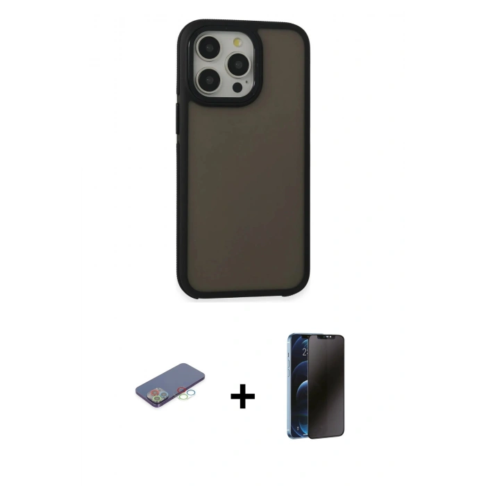 MARSİLYAN™- iPhone 13 Pro Max Kılıf Eksen Işık - Siyah 3D Antistatik Hayalet Cam Ekran Koruyucu + Renkli Kamera Lens Koruma Cam - MI