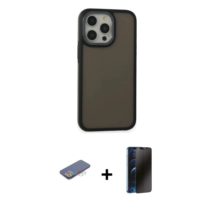 MARSİLYAN™- iPhone 13 Pro Max Kılıf Eksen Işık - Siyah 3D Antistatik Hayalet Cam Ekran Koruyucu + Renkli Kamera Lens Koruma Cam - MI