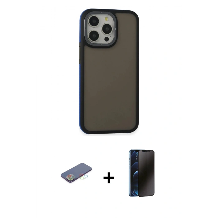 MARSİLYAN™- iPhone 13 Pro Max Kılıf Eksen Işık - Siyah 3D Antistatik Hayalet Cam Ekran Koruyucu + Renkli Kamera Lens Koruma Cam - MI