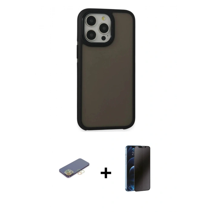 MARSİLYAN™- iPhone 13 Pro Max Kılıf Eksen Işık - Siyah 3D Antistatik Hayalet Cam Ekran Koruyucu + Renkli Kamera Lens Koruma Cam - SI
