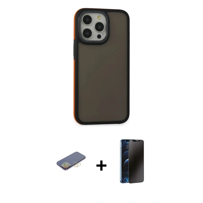 MARSİLYAN™- iPhone 13 Pro Max Kılıf Eksen Işık - Siyah 3D Antistatik Hayalet Cam Ekran Koruyucu + Renkli Kamera Lens Koruma Cam - SI