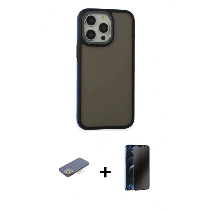 MARSİLYAN™- iPhone 13 Pro Max Kılıf Eksen Işık - Siyah 3D Antistatik Hayalet Cam Ekran Koruyucu + Renkli Kamera Lens Koruma Cam - SI