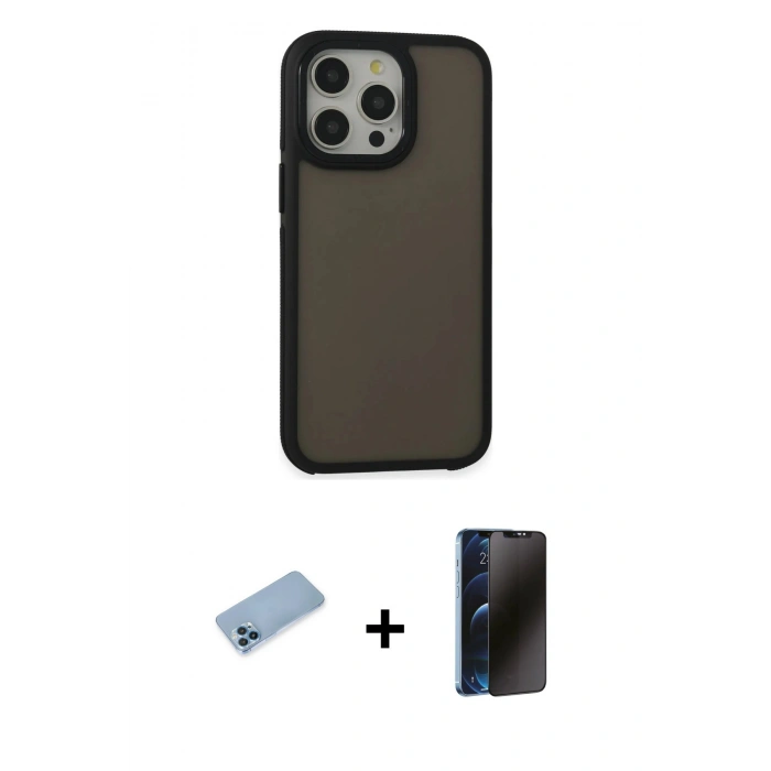 MARSİLYAN™- iPhone 13 Pro Max Kılıf Eksen Işık - Siyah 3D Antistatik Hayalet Cam Ekran Koruyucu + Shine Kamera Lens Koruma Cam - MI