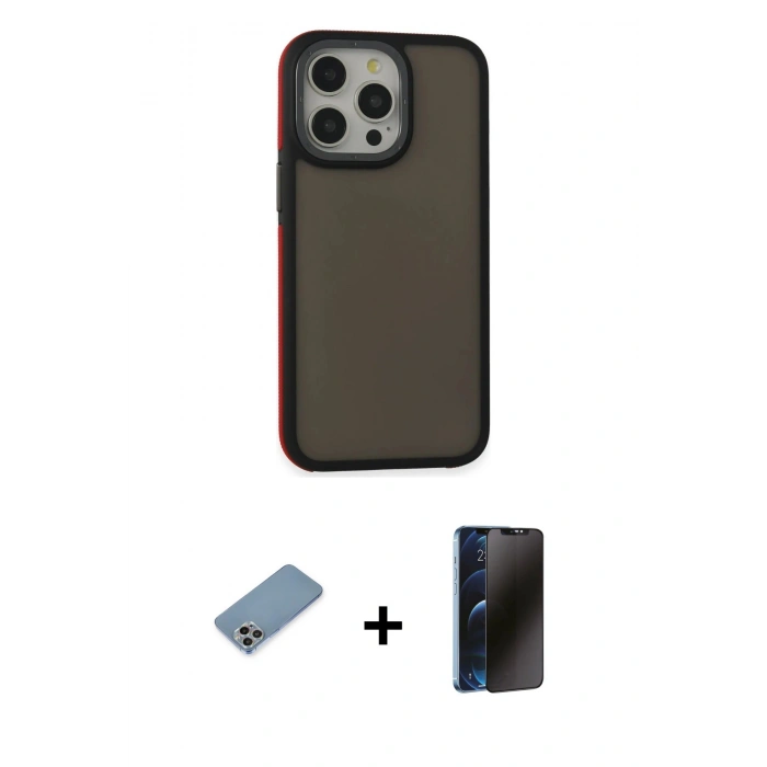 MARSİLYAN™- iPhone 13 Pro Max Kılıf Eksen Işık - Siyah 3D Antistatik Hayalet Cam Ekran Koruyucu + Shine Kamera Lens Koruma Cam - GI