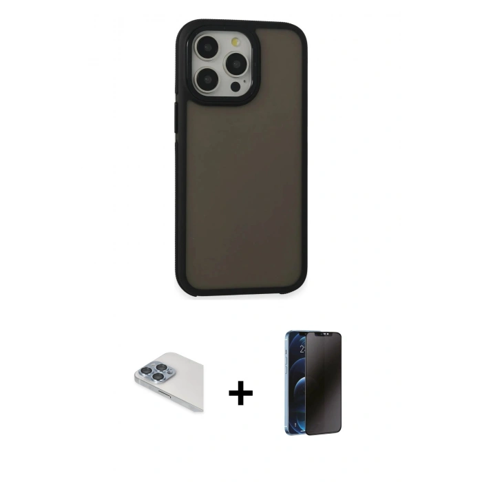 MARSİLYAN™- iPhone 13 Pro Max Kılıf Eksen Işık - Siyah 3D Antistatik Hayalet Cam Ekran Koruyucu + Pers Alüminyum Kamera Lens - SABE