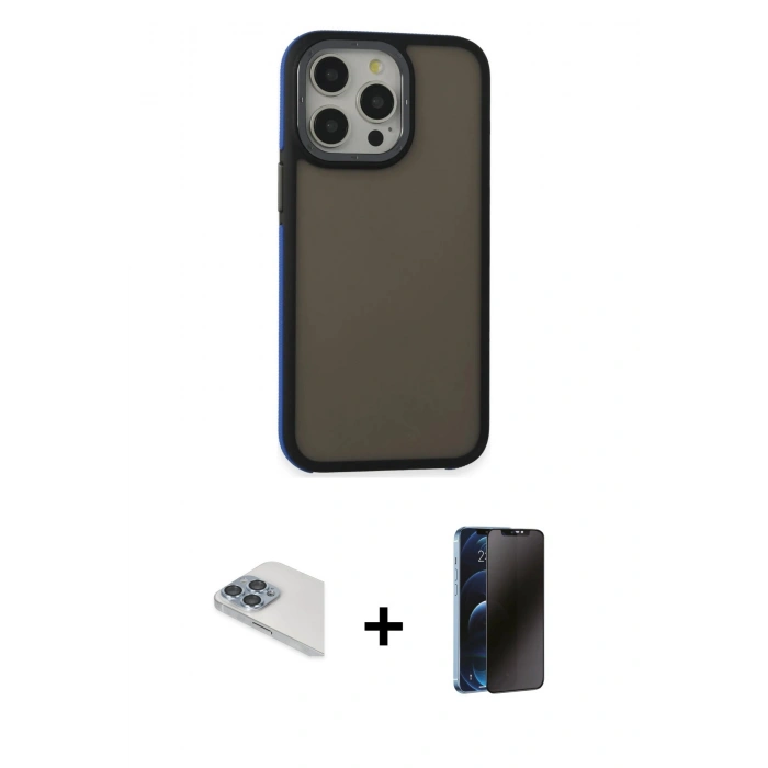 MARSİLYAN™- iPhone 13 Pro Max Kılıf Eksen Işık - Siyah 3D Antistatik Hayalet Cam Ekran Koruyucu + Pers Alüminyum Kamera Lens - SABE