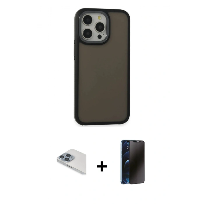 MARSİLYAN™- iPhone 13 Pro Max Kılıf Eksen Işık - Siyah 3D Antistatik Hayalet Cam Ekran Koruyucu + Pers Alüminyum Kamera Lens - SABE