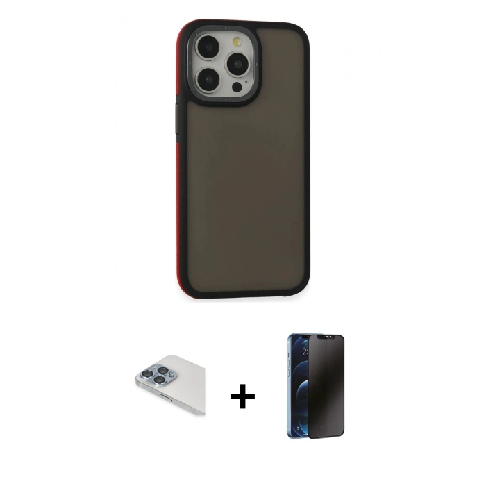 MARSİLYAN™- iPhone 13 Pro Max Kılıf Eksen Işık - Siyah 3D Antistatik Hayalet Cam Ekran Koruyucu + Pers Alüminyum Kamera Lens - SABE