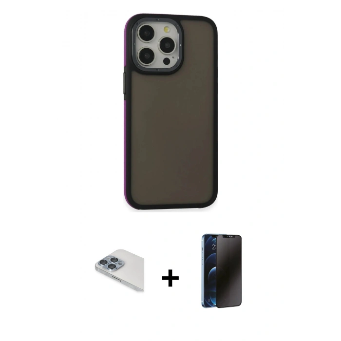 MARSİLYAN™- iPhone 13 Pro Max Kılıf Eksen Işık - Siyah 3D Antistatik Hayalet Cam Ekran Koruyucu + Pers Alüminyum Kamera Lens - SABE