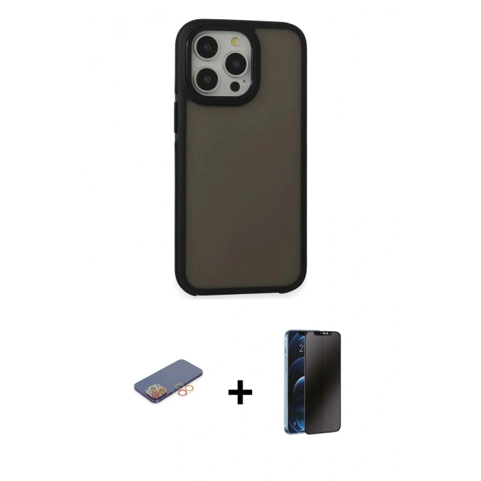 MARSİLYAN™- iPhone 13 Pro Max Kılıf Eksen Işık - Siyah 3D Antistatik Hayalet Cam Ekran Koruyucu + Renkli Kamera Lens Koruma Cam - TU
