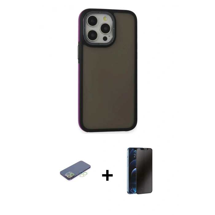 MARSİLYAN™- iPhone 13 Pro Max Kılıf Eksen Işık - Siyah 3D Antistatik Hayalet Cam Ekran Koruyucu + Renkli Kamera Lens Koruma Cam - YL