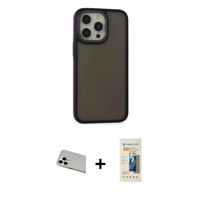 MARSİLYAN™- iPhone 13 Pro Max Kılıf Eksen Işık - Siyah 6D Mat Seramik Hayalet Nano Ekran Koruyucu + Rainbow Kamera Lens Koruma Cam - BZ