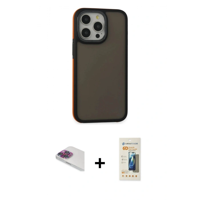 MARSİLYAN™- iPhone 13 Pro Max Kılıf Eksen Işık - Siyah 6D Mat Seramik Hayalet Nano Ekran Koruyucu + Pers Alüminyum Kamera Lens - GI