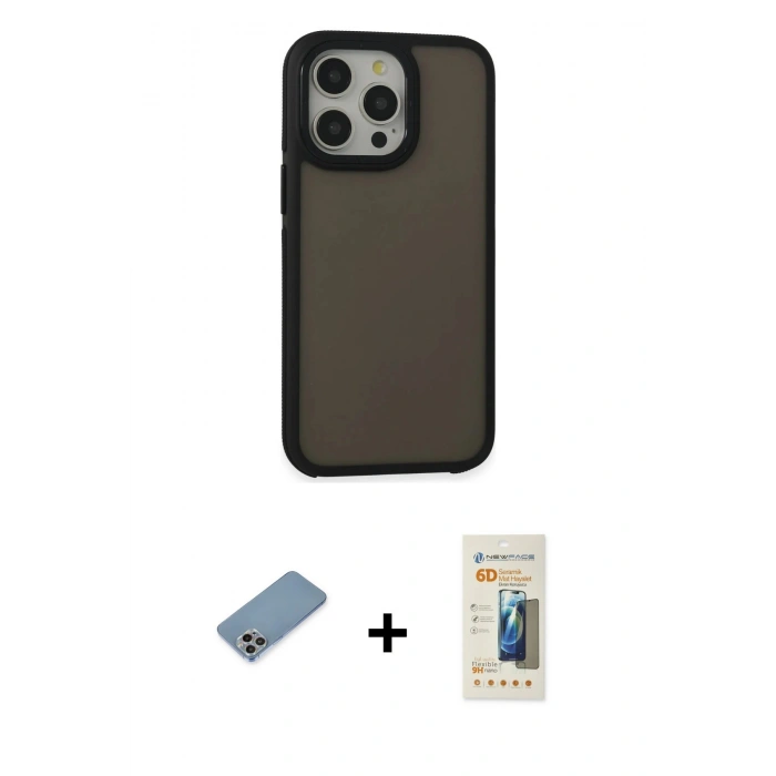 MARSİLYAN™- iPhone 13 Pro Max Kılıf Eksen Işık - Siyah 6D Mat Seramik Hayalet Nano Ekran Koruyucu + Shine Kamera Lens Koruma Cam - GI