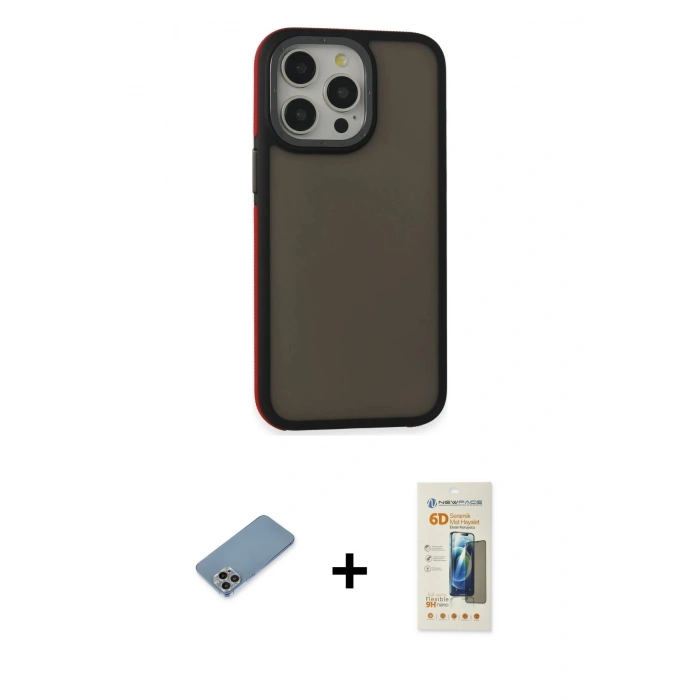MARSİLYAN™- iPhone 13 Pro Max Kılıf Eksen Işık - Siyah 6D Mat Seramik Hayalet Nano Ekran Koruyucu + Shine Kamera Lens Koruma Cam - GI