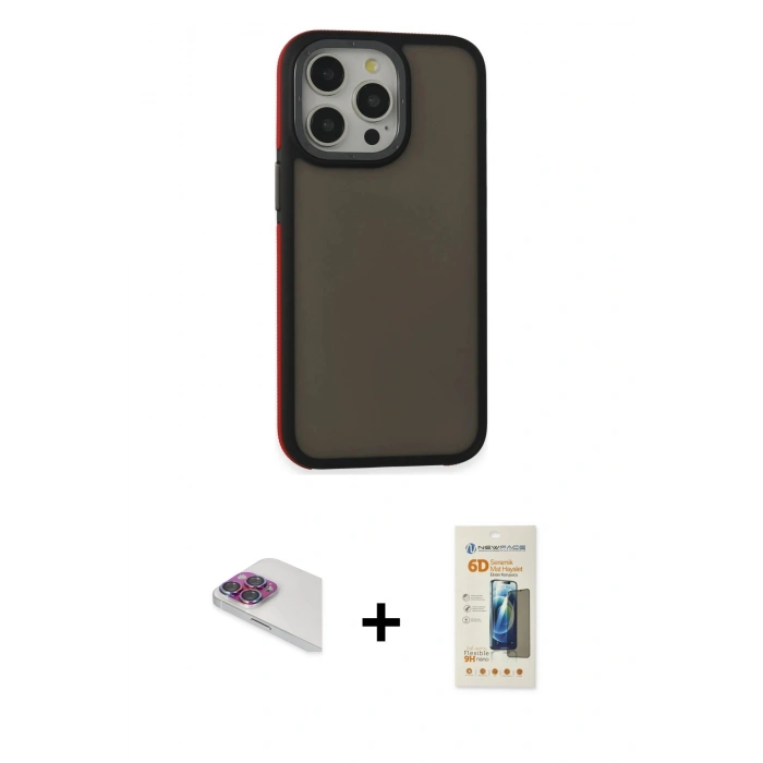 MARSİLYAN™- iPhone 13 Pro Max Kılıf Eksen Işık - Siyah 6D Mat Seramik Hayalet Nano Ekran Koruyucu + Pers Alüminyum Kamera Lens - GI