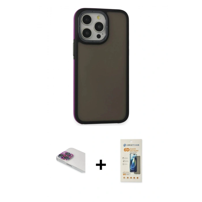 MARSİLYAN™- iPhone 13 Pro Max Kılıf Eksen Işık - Siyah 6D Mat Seramik Hayalet Nano Ekran Koruyucu + Pers Alüminyum Kamera Lens - GI