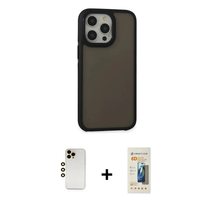 MARSİLYAN™- iPhone 13 Pro Max Kılıf Eksen Işık - Siyah 6D Mat Seramik Hayalet Nano Ekran Koruyucu + Shine Kamera Lens - GD