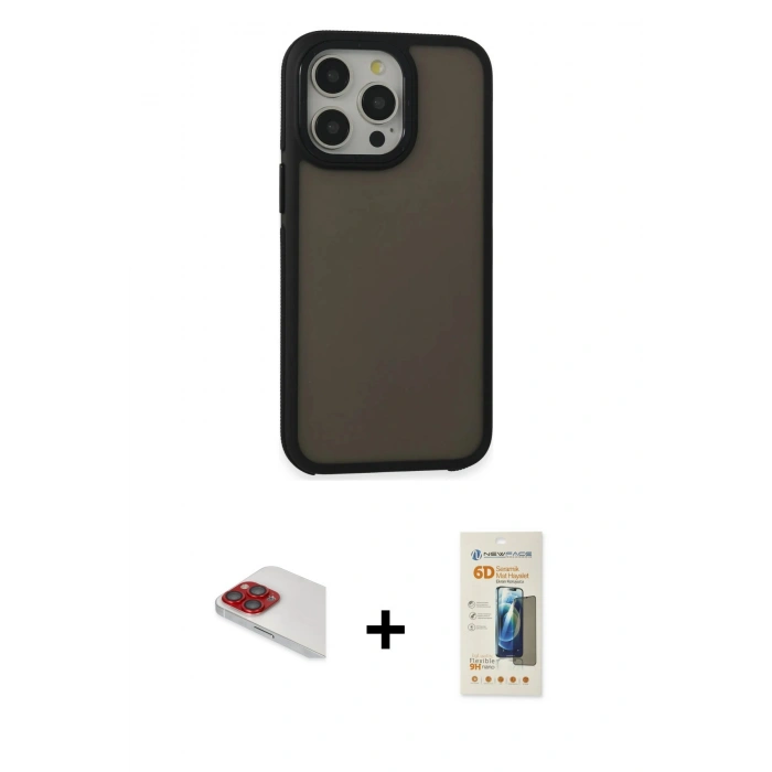 MARSİLYAN™- iPhone 13 Pro Max Kılıf Eksen Işık - Siyah 6D Mat Seramik Hayalet Nano Ekran Koruyucu + Pers Alüminyum Kamera Lens - KI