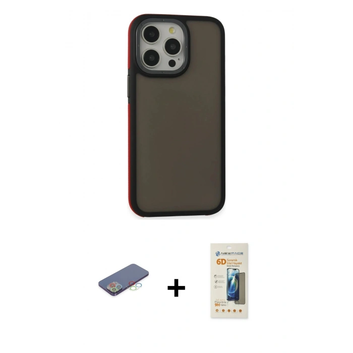 MARSİLYAN™- iPhone 13 Pro Max Kılıf Eksen Işık - Siyah 6D Mat Seramik Hayalet Nano Ekran Koruyucu + Mavi Renkli Kamera Lens Koruma Cam