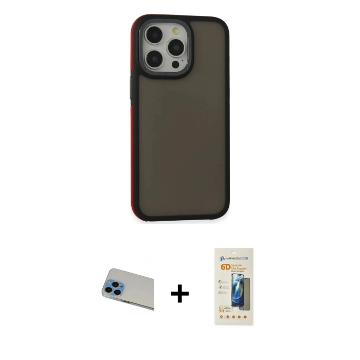 MARSİLYAN™- iPhone 13 Pro Max Kılıf Eksen Işık - Siyah 6D Mat Seramik Hayalet Nano Ekran Koruyucu + Rainbow Kamera Lens Koruma Cam - MI