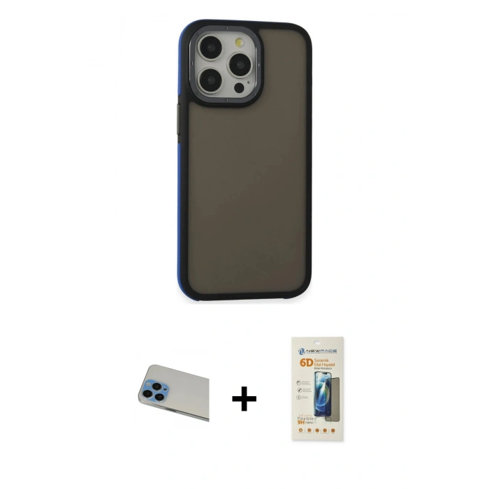 MARSİLYAN™- iPhone 13 Pro Max Kılıf Eksen Işık - Siyah 6D Mat Seramik Hayalet Nano Ekran Koruyucu + Rainbow Kamera Lens Koruma Cam - MI