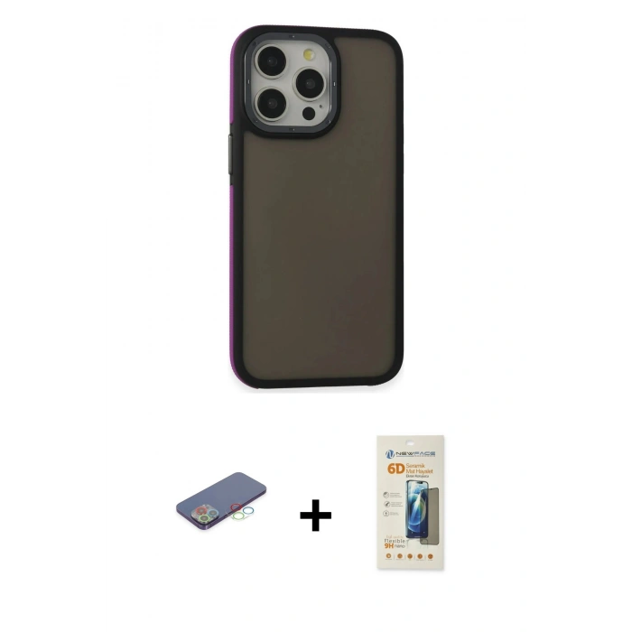 MARSİLYAN™- iPhone 13 Pro Max Kılıf Eksen Işık - Siyah 6D Mat Seramik Hayalet Nano Ekran Koruyucu + Mavi Renkli Kamera Lens Koruma Cam