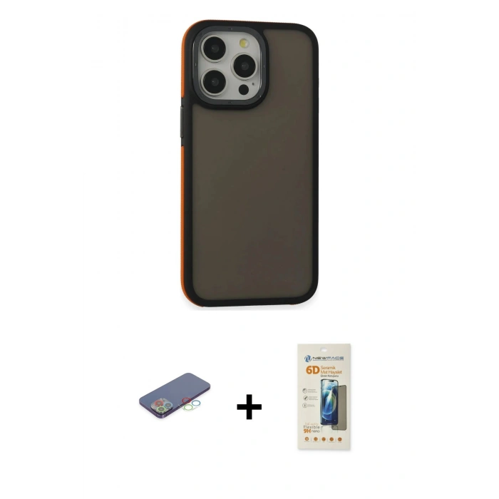MARSİLYAN™- iPhone 13 Pro Max Kılıf Eksen Işık - Siyah 6D Mat Seramik Hayalet Nano Ekran Koruyucu + Mavi Renkli Kamera Lens Koruma Cam