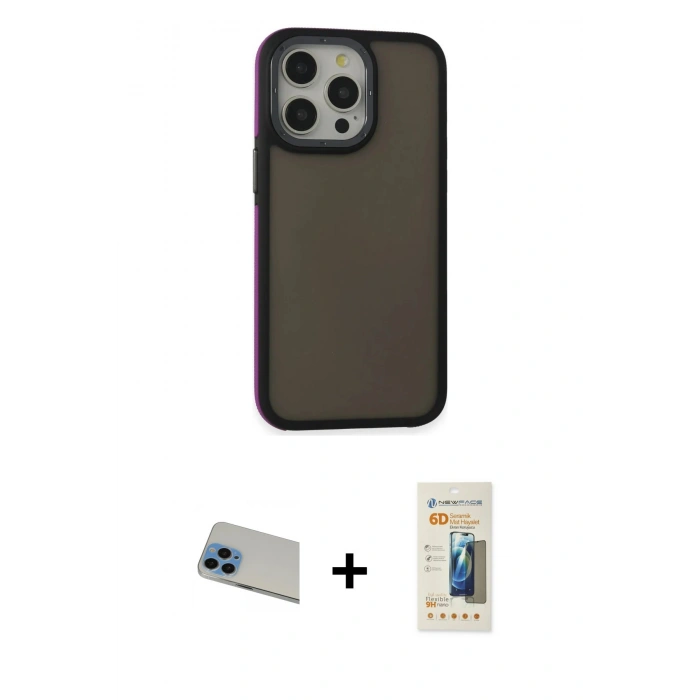 MARSİLYAN™- iPhone 13 Pro Max Kılıf Eksen Işık - Siyah 6D Mat Seramik Hayalet Nano Ekran Koruyucu + Rainbow Kamera Lens Koruma Cam - MI