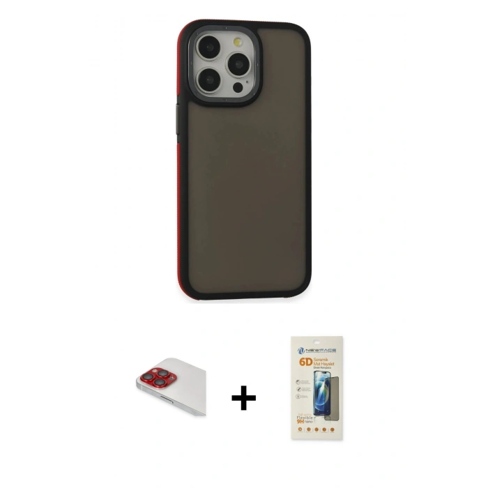 MARSİLYAN™- iPhone 13 Pro Max Kılıf Eksen Işık - Siyah 6D Mat Seramik Hayalet Nano Ekran Koruyucu + Pers Alüminyum Kamera Lens - KI