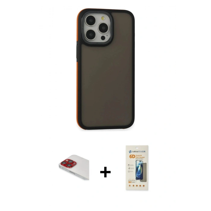 MARSİLYAN™- iPhone 13 Pro Max Kılıf Eksen Işık - Siyah 6D Mat Seramik Hayalet Nano Ekran Koruyucu + Pers Alüminyum Kamera Lens - KI