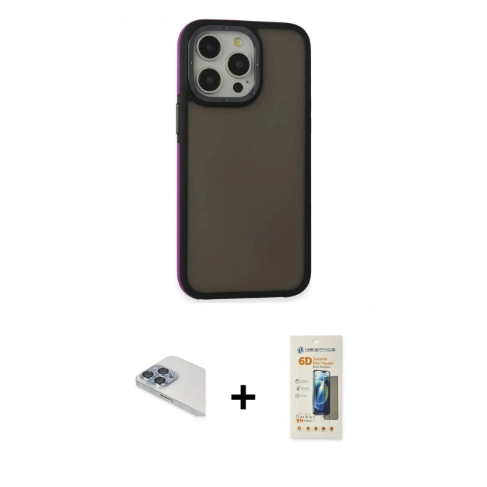 MARSİLYAN™- iPhone 13 Pro Max Kılıf Eksen Işık - Siyah 6D Mat Seramik Hayalet Nano Ekran Koruyucu + Pers Alüminyum Kamera Lens - SABE