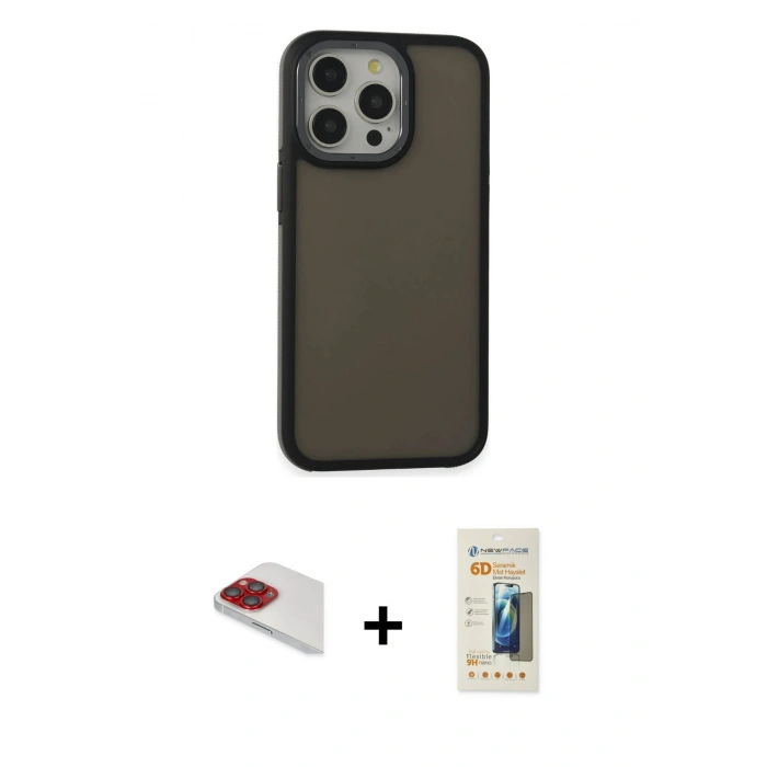 MARSİLYAN™- iPhone 13 Pro Max Kılıf Eksen Işık - Siyah 6D Mat Seramik Hayalet Nano Ekran Koruyucu + Pers Alüminyum Kamera Lens - KI