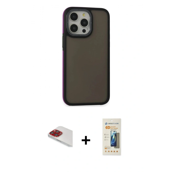 MARSİLYAN™- iPhone 13 Pro Max Kılıf Eksen Işık - Siyah 6D Mat Seramik Hayalet Nano Ekran Koruyucu + Pers Alüminyum Kamera Lens - KI