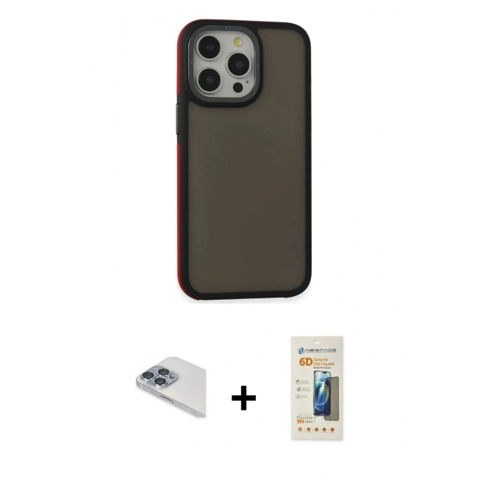 MARSİLYAN™- iPhone 13 Pro Max Kılıf Eksen Işık - Siyah 6D Mat Seramik Hayalet Nano Ekran Koruyucu + Pers Alüminyum Kamera Lens - SABE