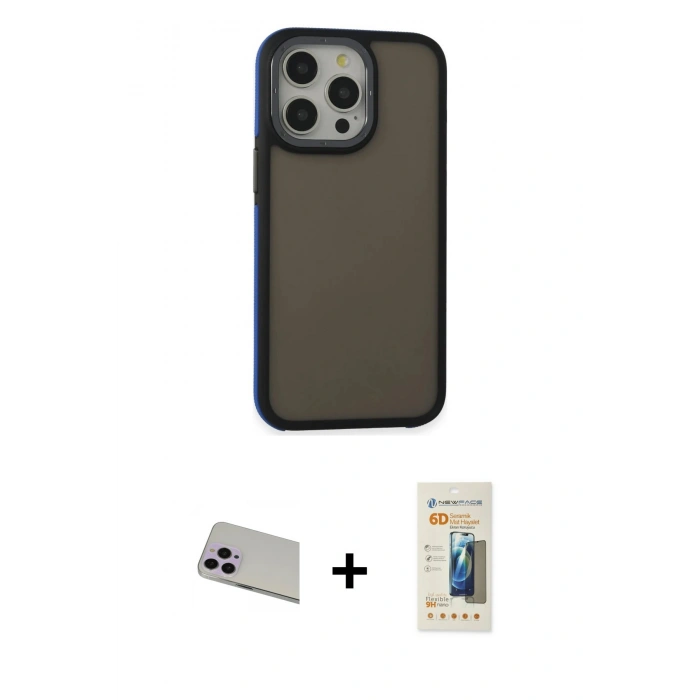 MARSİLYAN™- iPhone 13 Pro Max Kılıf Eksen Işık - Siyah 6D Mat Seramik Hayalet Nano Ekran Koruyucu + Rainbow Kamera Lens Koruma Cam - MR