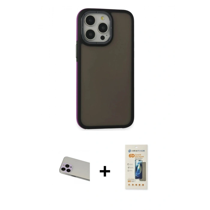 MARSİLYAN™- iPhone 13 Pro Max Kılıf Eksen Işık - Siyah 6D Mat Seramik Hayalet Nano Ekran Koruyucu + Rainbow Kamera Lens Koruma Cam - MR