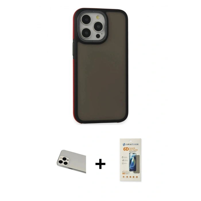 MARSİLYAN™- iPhone 13 Pro Max Kılıf Eksen Işık - Siyah 6D Mat Seramik Hayalet Nano Ekran Koruyucu + Rainbow Kamera Lens Koruma Cam - BZ