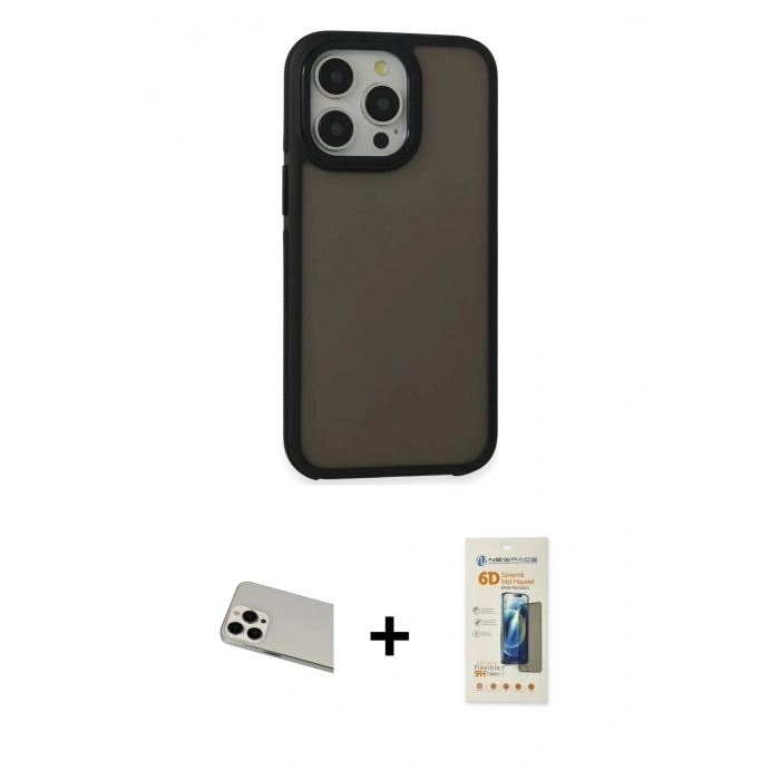 MARSİLYAN™- iPhone 13 Pro Max Kılıf Eksen Işık - Siyah 6D Mat Seramik Hayalet Nano Ekran Koruyucu + Rainbow Kamera Lens Koruma Cam - BZ
