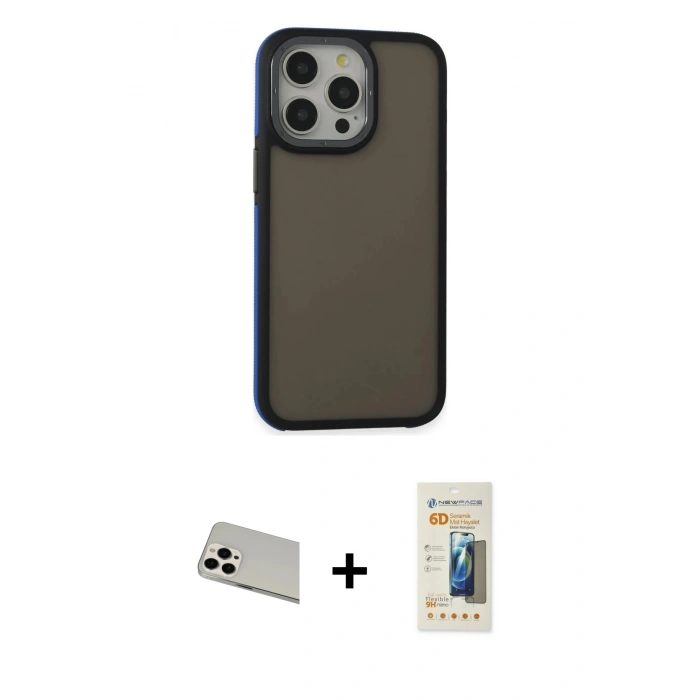 MARSİLYAN™- iPhone 13 Pro Max Kılıf Eksen Işık - Siyah 6D Mat Seramik Hayalet Nano Ekran Koruyucu + Rainbow Kamera Lens Koruma Cam - BZ