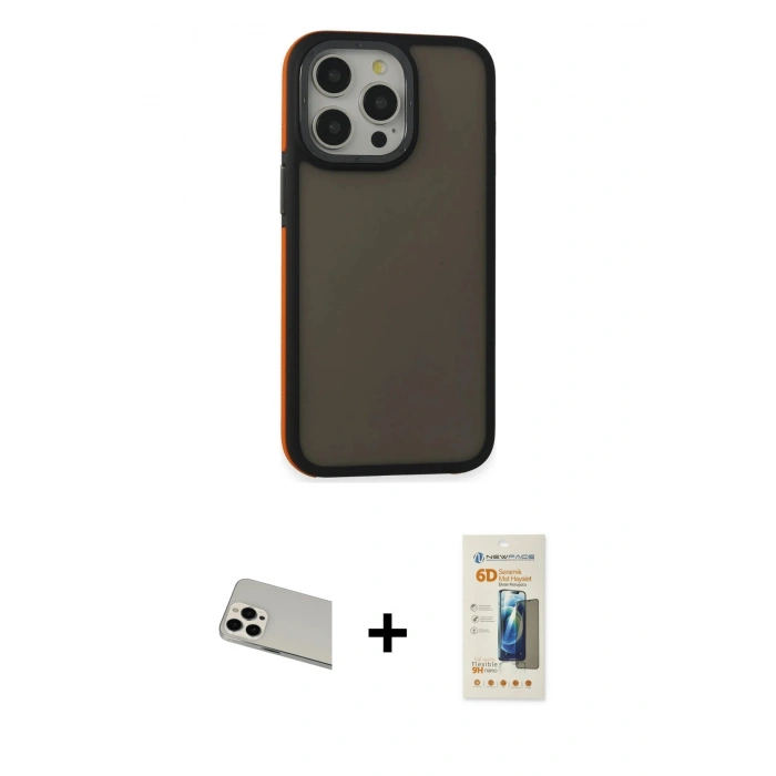 MARSİLYAN™- iPhone 13 Pro Max Kılıf Eksen Işık - Siyah 6D Mat Seramik Hayalet Nano Ekran Koruyucu + Rainbow Kamera Lens Koruma Cam - BZ