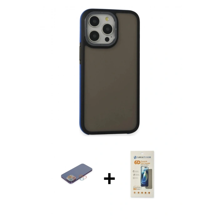 MARSİLYAN™- iPhone 13 Pro Max Kılıf Eksen Işık - Siyah 6D Mat Seramik Hayalet Nano Ekran Koruyucu + Renkli Kamera Lens Koruma Cam - PE