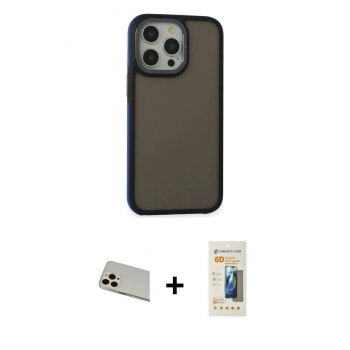 MARSİLYAN™- iPhone 13 Pro Max Kılıf Eksen Işık - Siyah 6D Mat Seramik Hayalet Nano Ekran Koruyucu + Rainbow Kamera Lens Koruma Cam - REGD