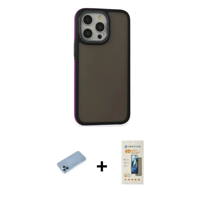 MARSİLYAN™- iPhone 13 Pro Max Kılıf Eksen Işık - Siyah 6D Mat Seramik Hayalet Nano Ekran Koruyucu + Shine Kamera Lens Koruma Cam - MI