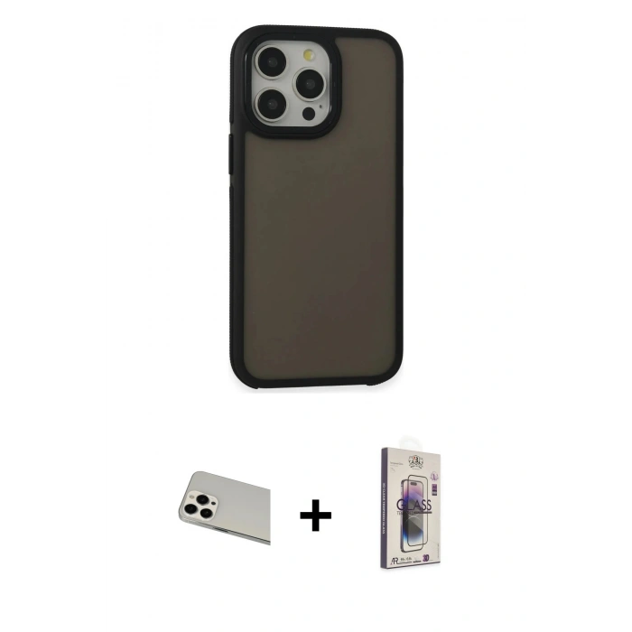 MARSİLYAN™- iPhone 13 Pro Max Kılıf Eksen Işık - Siyah Bilvis 3D Cam Ekran Koruyucu + Rainbow Kamera Lens Koruma Cam - BZ