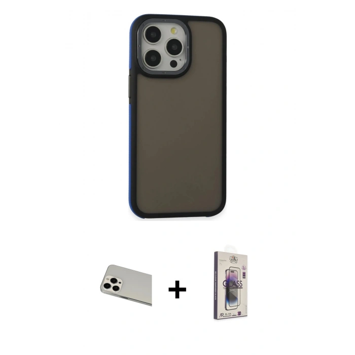 MARSİLYAN™- iPhone 13 Pro Max Kılıf Eksen Işık - Siyah Bilvis 3D Cam Ekran Koruyucu + Rainbow Kamera Lens Koruma Cam - BZ