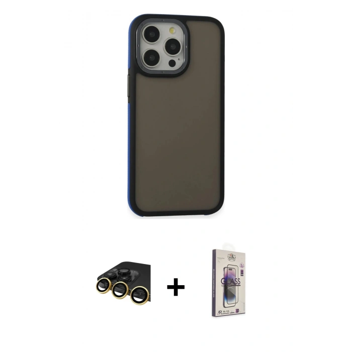 MARSİLYAN™- iPhone 13 Pro Max Kılıf Eksen Işık - Siyah Bilvis 3D Cam Ekran Koruyucu + Raze Metal Kamera Lens - GD